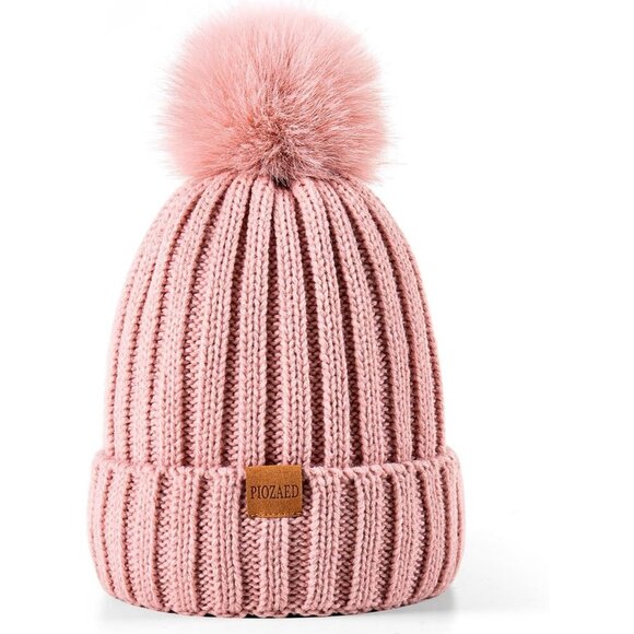 Women\'s Winter Dark Pink Beanie Fleece Lined Skull Faux Fur Pom Cuff Hat Cap main image 5